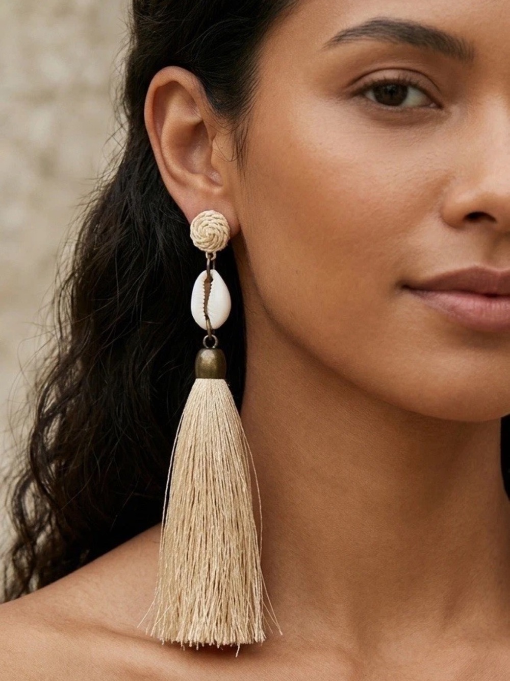 Elo7 Shell Raffia Silk Tassel Brass Fringe Dangling Earrings 5”